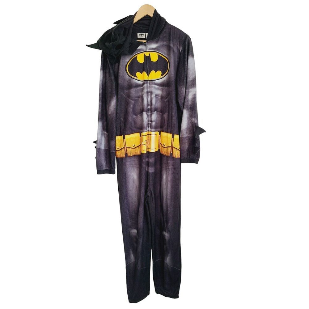 DC Comics Batman Hooded Union Suit Mens Medium Black Grey Fleece Jumpsuit